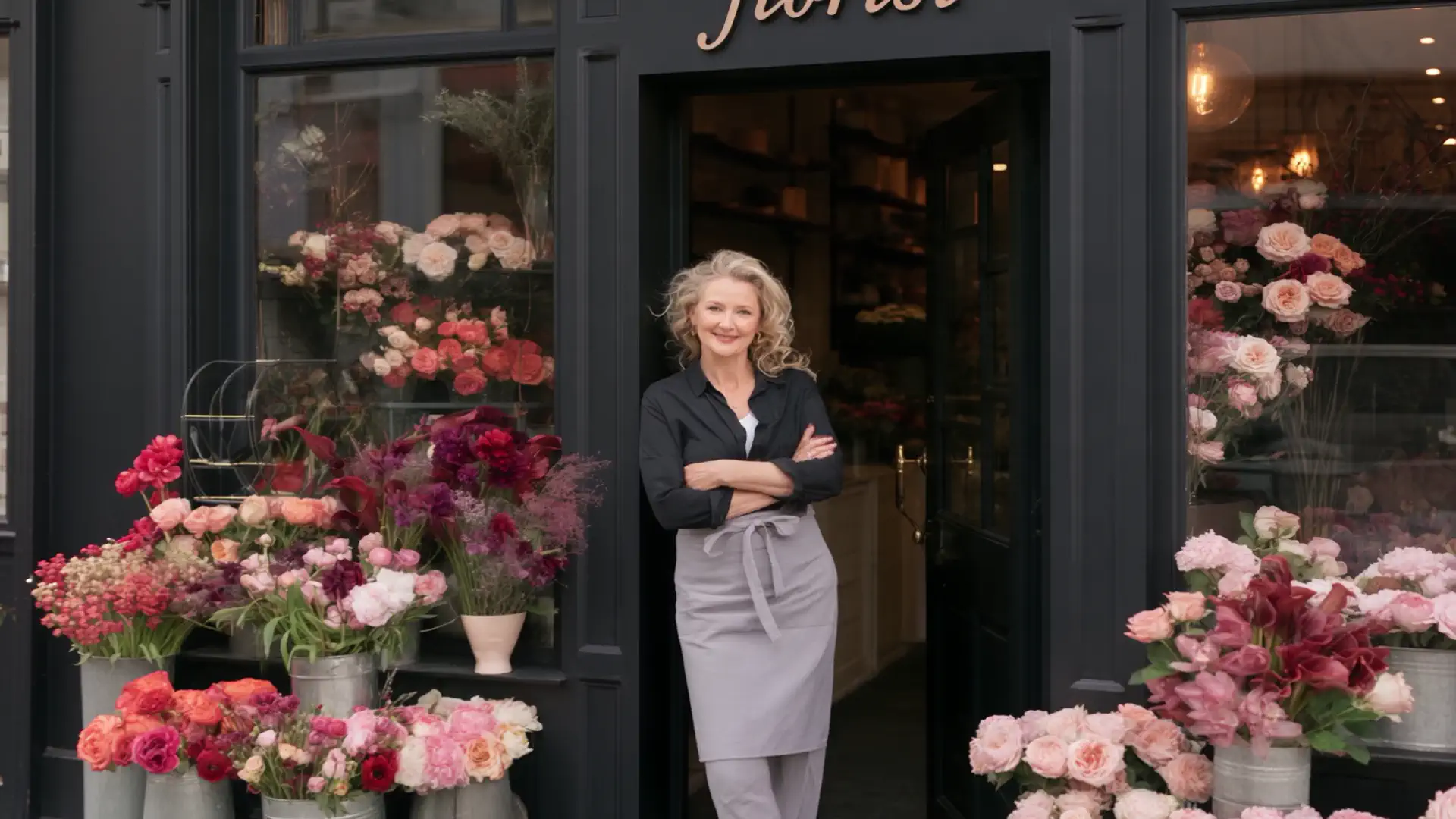 A florist at work in her shop, greeting a customer at the counter
